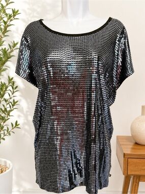Michael Kors Designer Metallic Grey Full Sequined Front Tunic/ Top/Cover Up